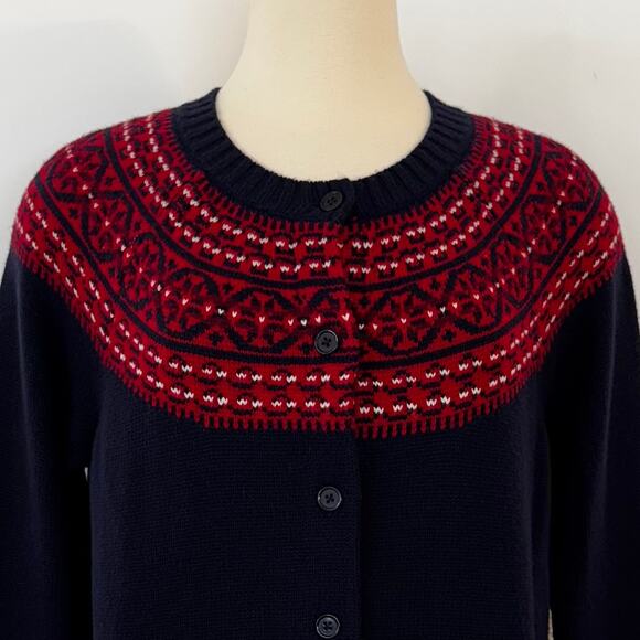 Talbots Fair Isle Lambswool Blend Cardigan Sweater Button Down Navy Red 2XP - Picture 4 of 10